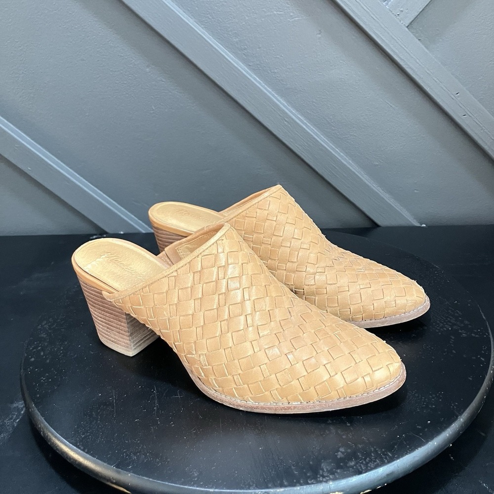 Madewell Womens 8.5 Woven Leather Mule Clogs Tan Brown Block Heel Slip On Shoes